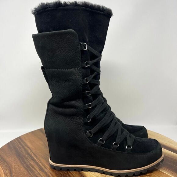 Ugg Shoes - Ugg Women’s Size 9.5 Mason Black Waterproof Suede Mid Calf Wedge Boots 1019067